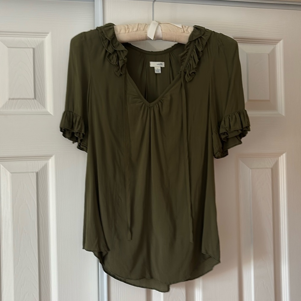 Anthropologie Odille Ruffle Sleeve Top, olive green